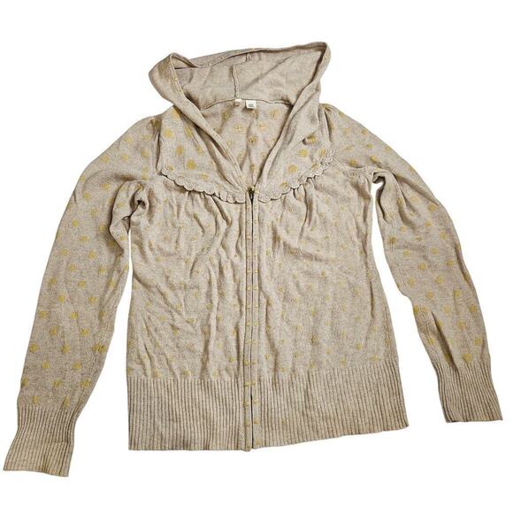 Moth Sweaters - Moth Women Hooded Zip Wool Blend Cardigan Sweater Tan Yellow Dots Large Ruffle